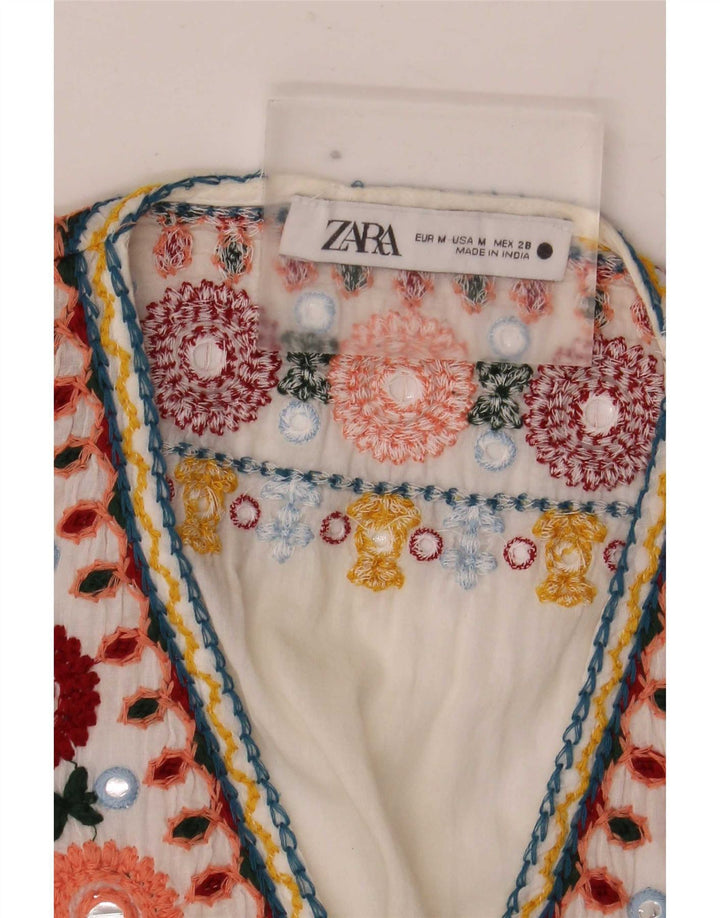 Zara Womens Crop See Through Blouse Top UK 14 Medium White Floral