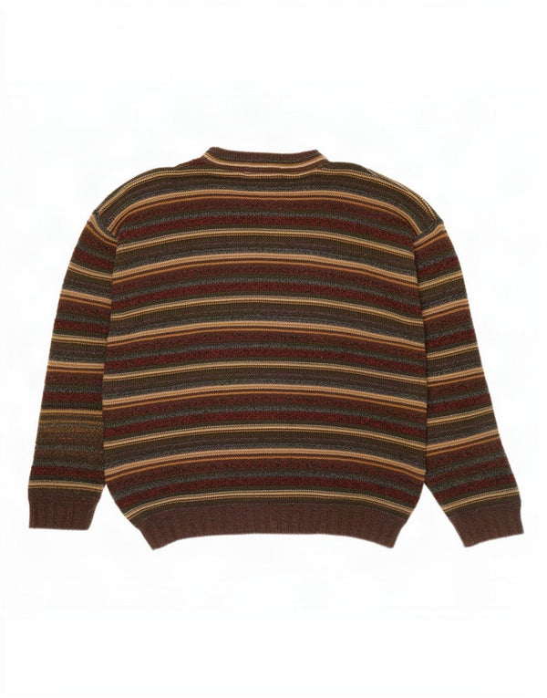 Vintage Mens Crew Neck Jumper Sweater Medium Brown Striped Acrylic