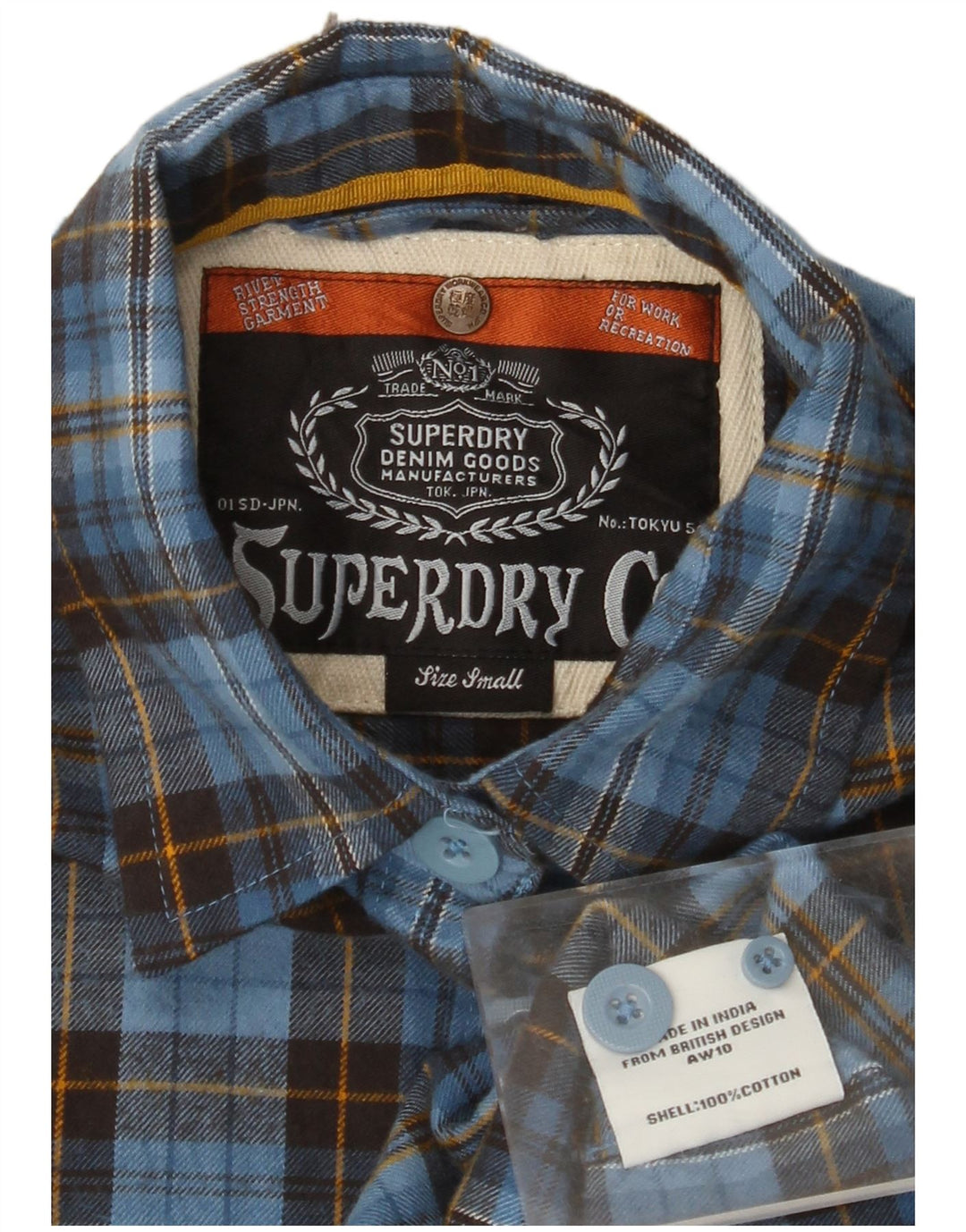 SUPERDRY Womens 3/4 Sleeve Flannel Shirt UK 10 Small Blue Check Cotton