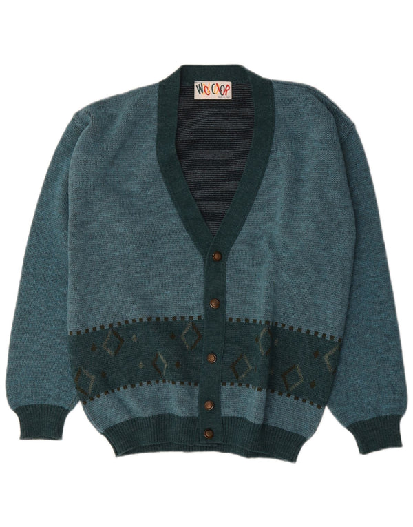 Vintage Mens Cardigan Sweater Medium Turquoise Argyle/Diamond Wool