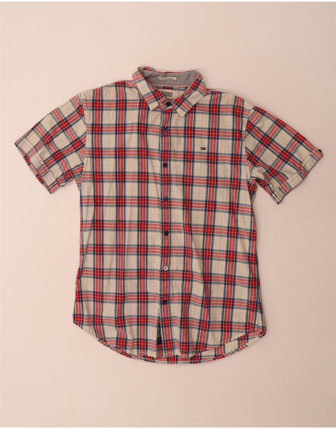 Tommy Hilfiger Mens Short Sleeve Shirt Medium Red Check Cotton
