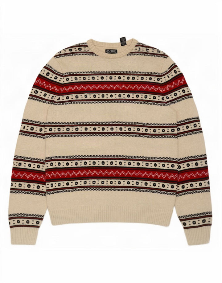 Chaps Mens Crew Neck Jumper Sweater Large Beige Fair Isle Cotton