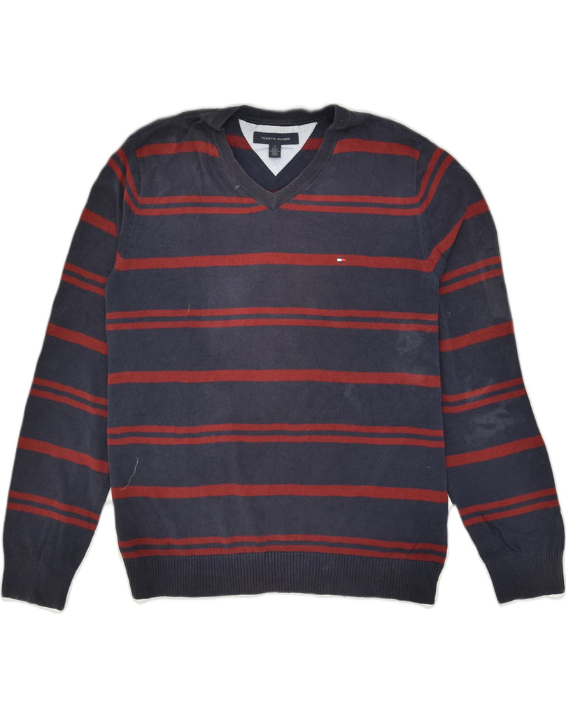 TOMMY HILFIGER Mens V-Neck Jumper Sweater Medium Black Striped Cotton | Vintage Tommy Hilfiger | Thrift | Second-Hand Tommy Hilfiger | Used Clothing | Messina Hembry 