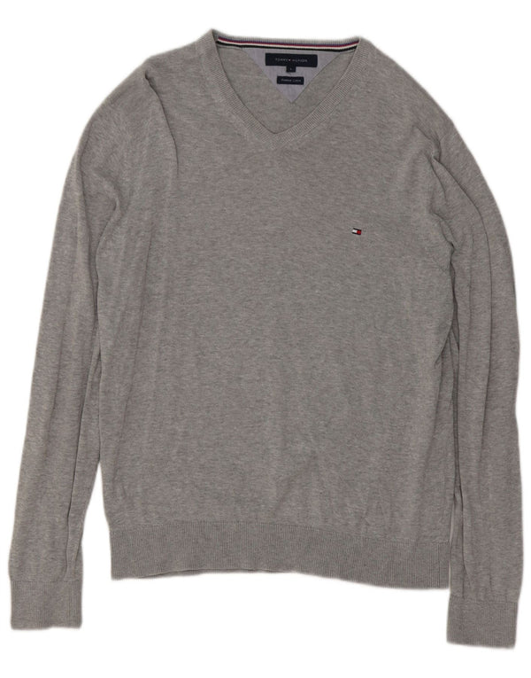 Tommy Hilfiger Mens V-Neck Jumper Sweater Large Grey Flecked Cotton