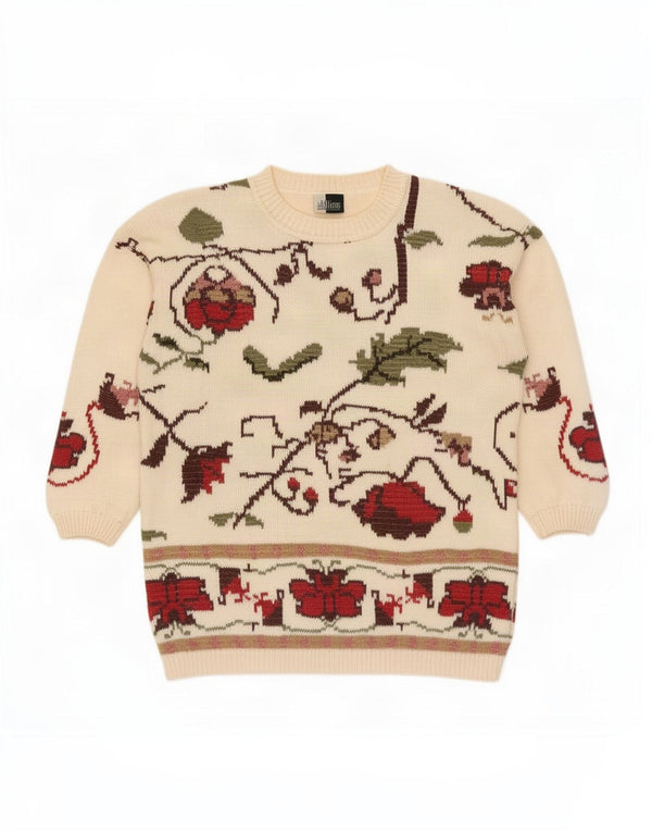Vintage Womens Crew Neck Jumper Sweater UK 14/16 Large Beige Floral Cotton