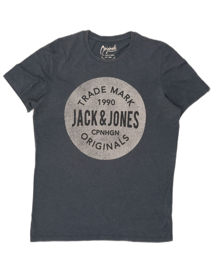 Jack & Jones Mens Graphic T-Shirt Top Large Blue Cotton
