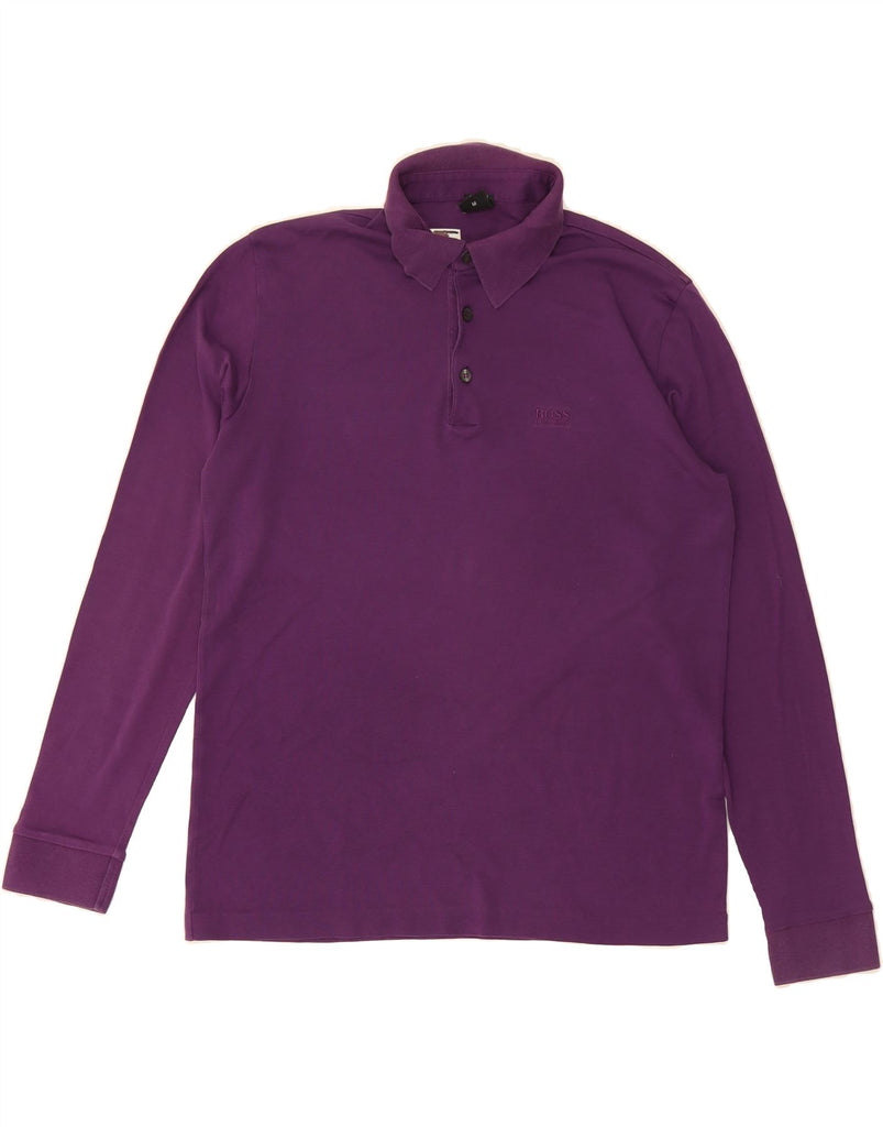 HUGO BOSS Mens Long Sleeve Polo Shirt Medium Purple Cotton Vintage Hugo Boss and Second-Hand Hugo Boss from Messina Hembry 