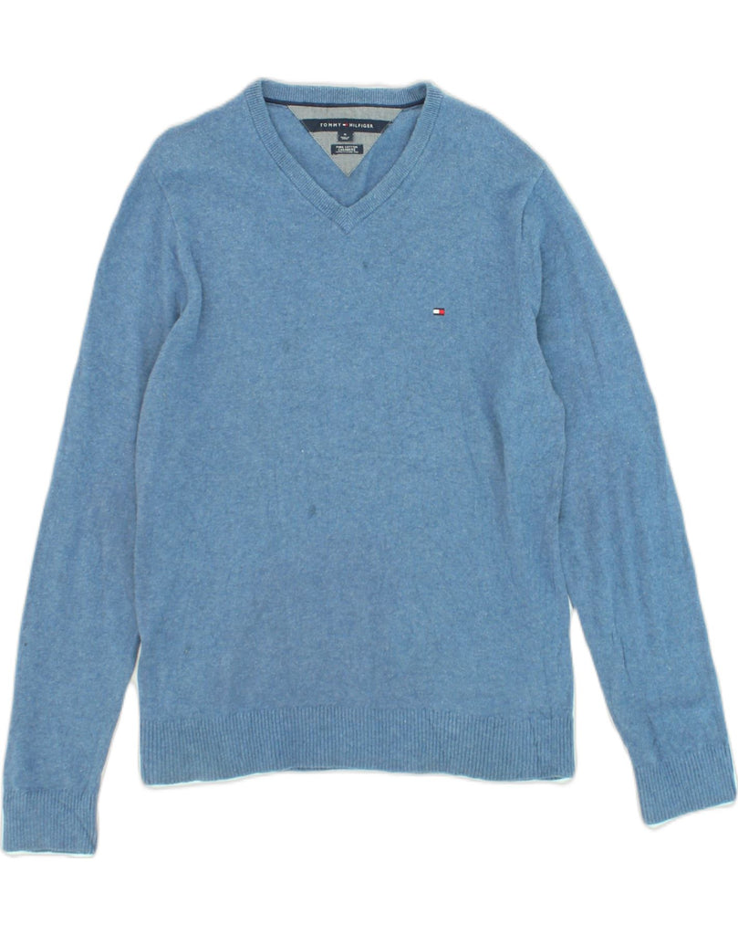 TOMMY HILFIGER Mens V-Neck Jumper Sweater Medium Blue Cotton | Vintage Tommy Hilfiger | Thrift | Second-Hand Tommy Hilfiger | Used Clothing | Messina Hembry 