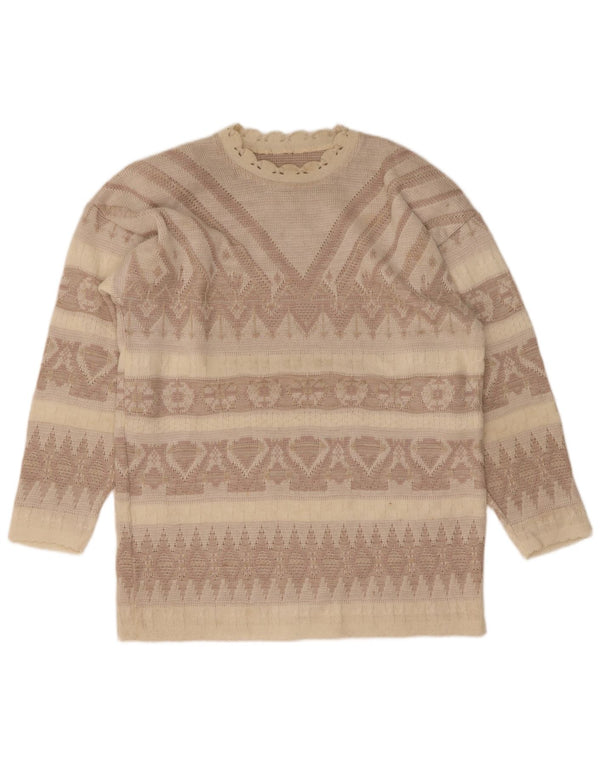 Vintage Womens Boat Neck Jumper Sweater UK 14 Large Beige Geometric