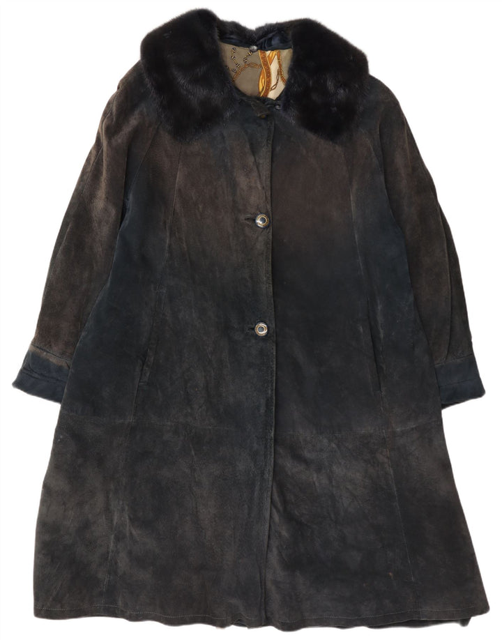Vintage Womens Suede Overcoat UK 14 Large Navy Blue