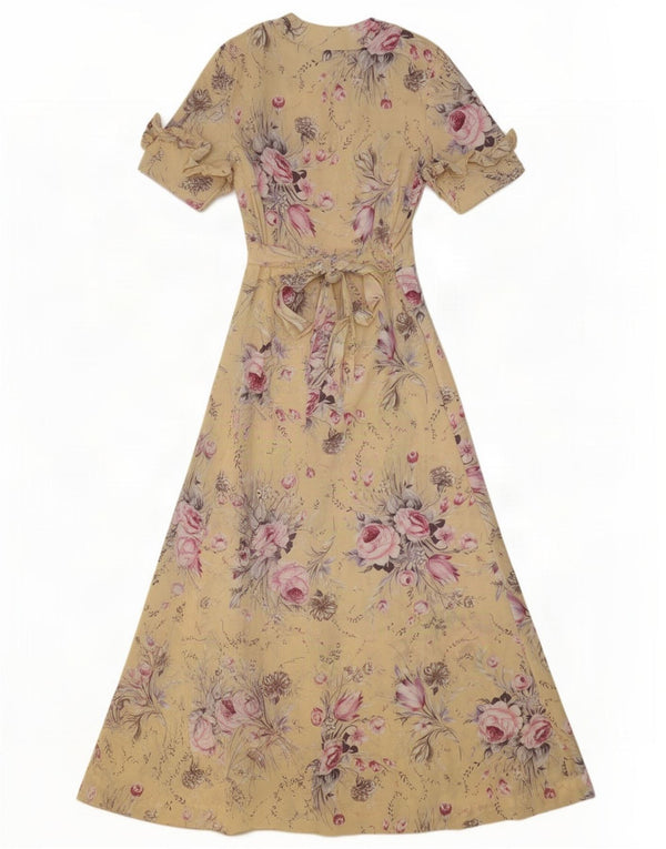 Vintage Womens Ruffle Front Maxi Dress UK 16 Large Yellow Floral