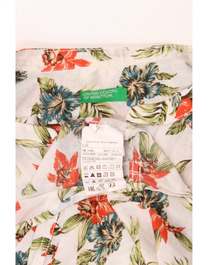 Benetton Mens Shirt Large White Floral Cotton