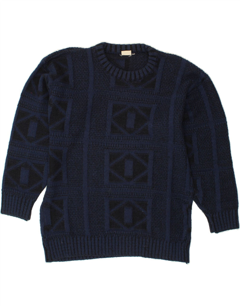 VINTAGE Mens Crew Neck Jumper Sweater IT 54 XL Navy Blue Geometric Wool | Vintage Vintage | Thrift | Second-Hand Vintage | Used Clothing | Messina Hembry 