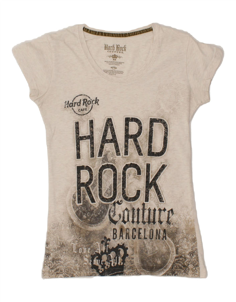 HARD ROCK COUTURE Womens Barcelona Graphic T-Shirt Top UK 6 XS Beige | Vintage Hard Rock Couture | Thrift | Second-Hand Hard Rock Couture | Used Clothing | Messina Hembry 