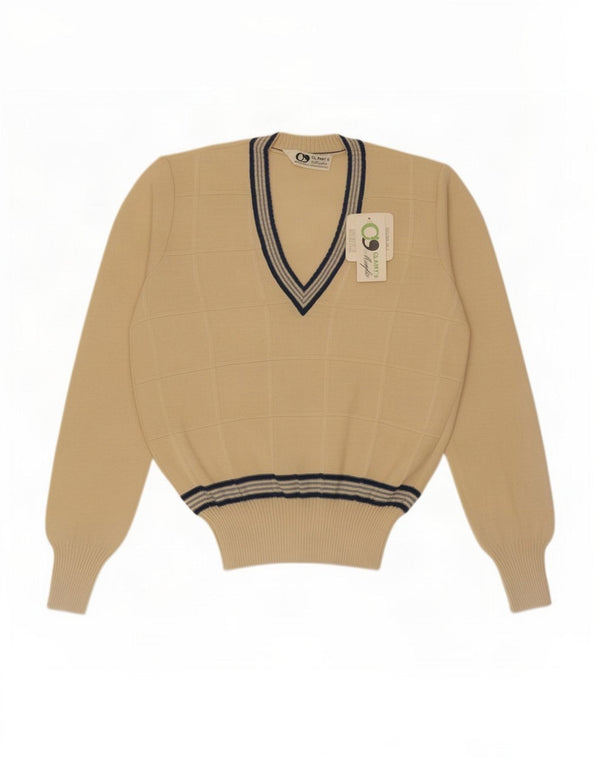 Vintage Mens V-Neck Jumper Sweater IT 50 Medium Beige Striped