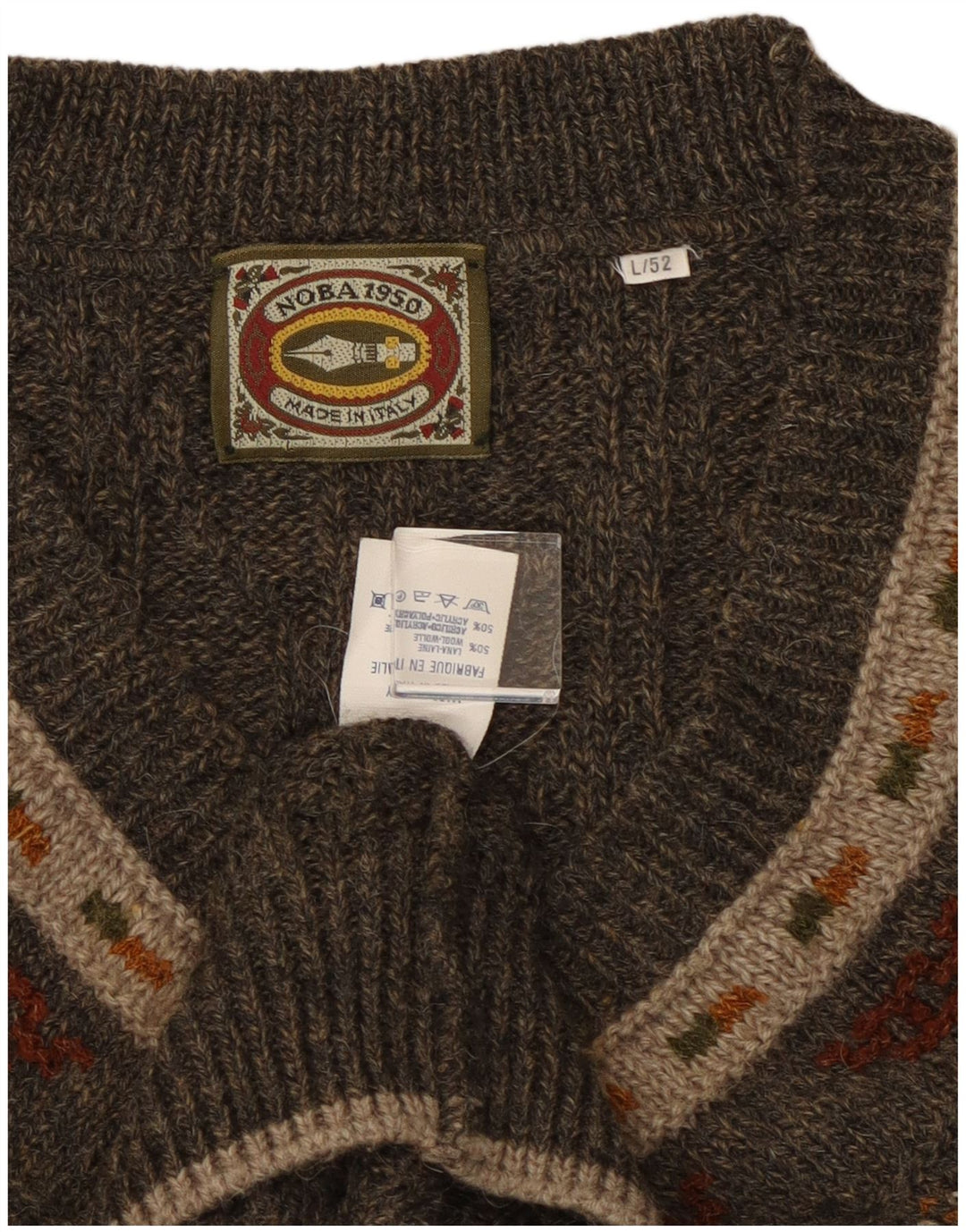 Noba 1950 Mens V-Neck Jumper Sweater IT 52 Large Khaki Geometric Wool