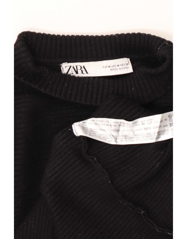 Zara Womens Crop Turtle Neck Jumper Sweater UK 12 Medium Black Striped