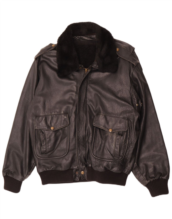 Vintage Mens Military Leather Jacket IT 56 3XL Black Leather