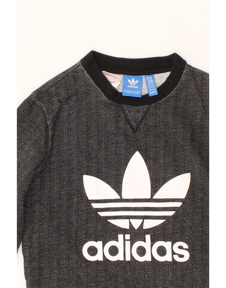 ADIDAS Boys Graphic Sweatshirt Jumper 11-12 Years Black Herringbone Cotton Vintage Adidas and Second-Hand Adidas from Messina Hembry 