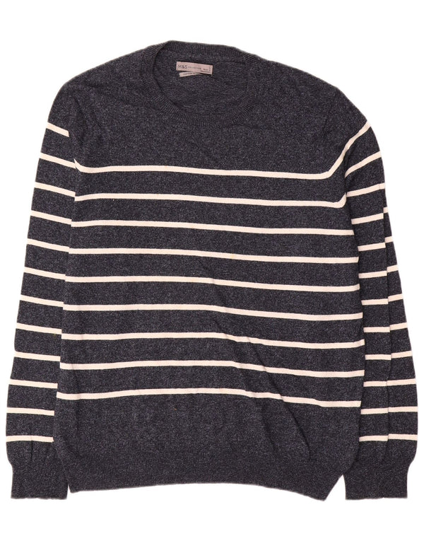 Marks & Spencer Mens Crew Neck Jumper Sweater Large Navy Blue Striped