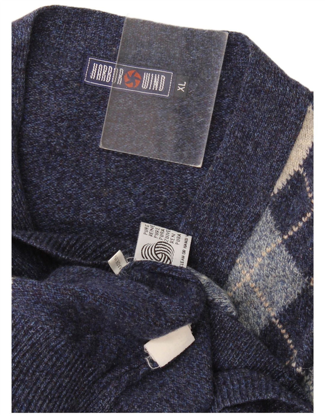 Vintage Mens Cardigan Sweater XL Navy Blue Argyle/Diamond Wool