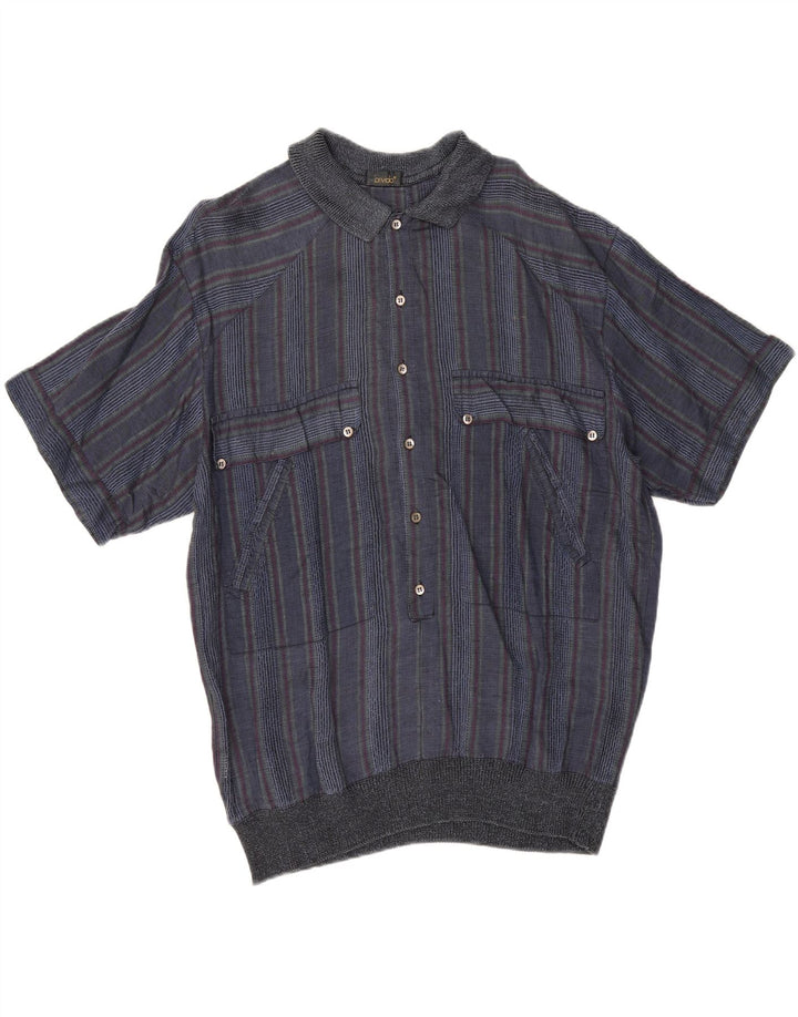Vintage Mens Short Sleeve Pullover Shirt IT 50 Medium Navy Blue Striped