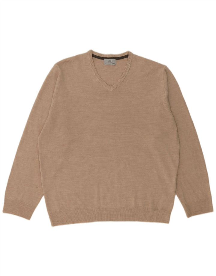 Marks & Spencer Mens Regular Fit V-Neck Jumper Sweater 2XL Beige Acrylic
