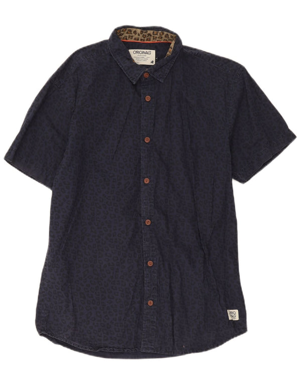 Jack & Jones Mens Short Sleeve Shirt Large Navy Blue Animal Print Cotton