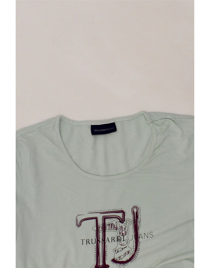 TRUSSARDI Womens Graphic Top Long Sleeve UK 12 Medium Blue Cotton Vintage Trussardi and Second-Hand Trussardi from Messina Hembry 