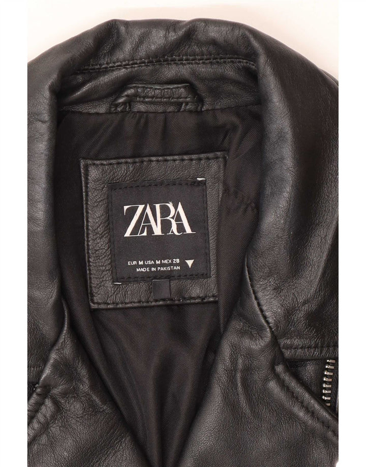 Zara Womens Leather Biker Jacket UK 12 Medium Black