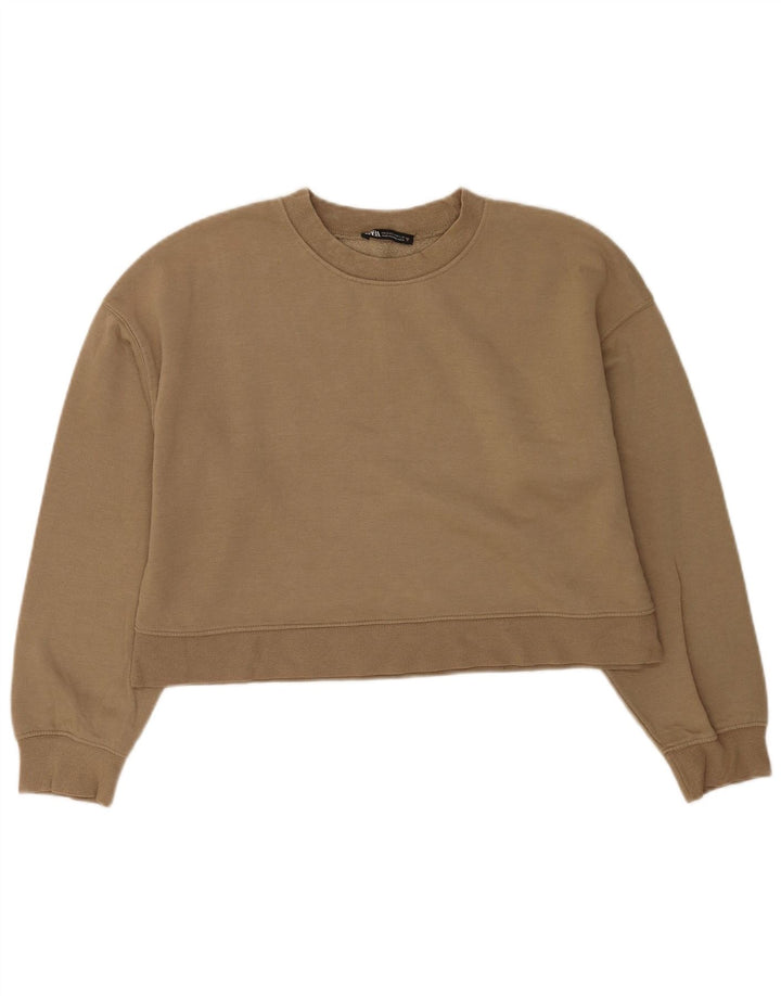Zara Womens Crop Sweatshirt Jumper UK 14 Medium Beige Cotton