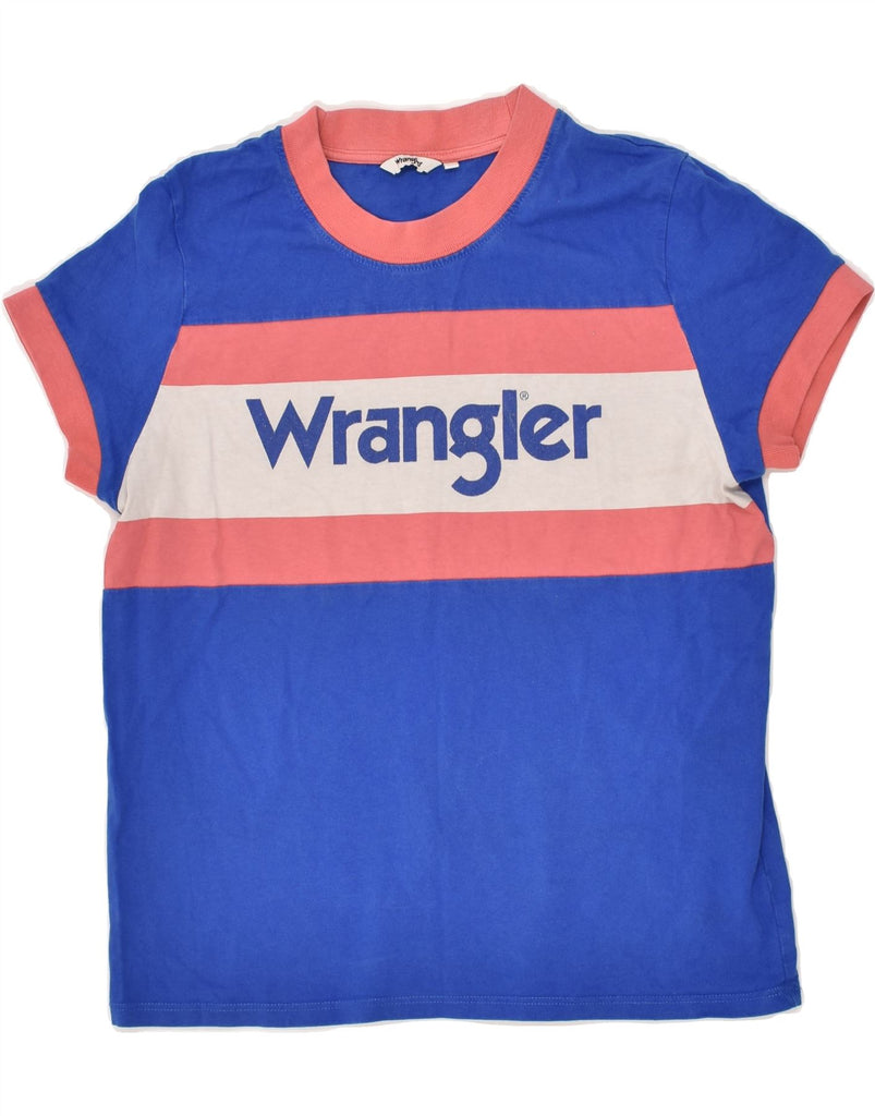 WRANGLER Womens Graphic T-Shirt Top UK 14 Medium Blue Colourblock Cotton | Vintage Wrangler | Thrift | Second-Hand Wrangler | Used Clothing | Messina Hembry 