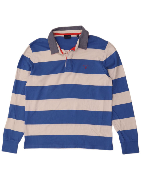 Gant Mens Long Sleeve Rugby Polo Shirt XL Blue Striped Cotton