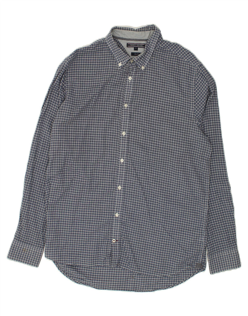 TOMMY HILFIGER Mens Slim Fit Shirt XL Navy Blue Check Cotton | Vintage Tommy Hilfiger | Thrift | Second-Hand Tommy Hilfiger | Used Clothing | Messina Hembry 