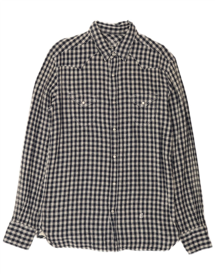 Stefanel Mens Western Shirt Large Navy Blue Gingham Cotton