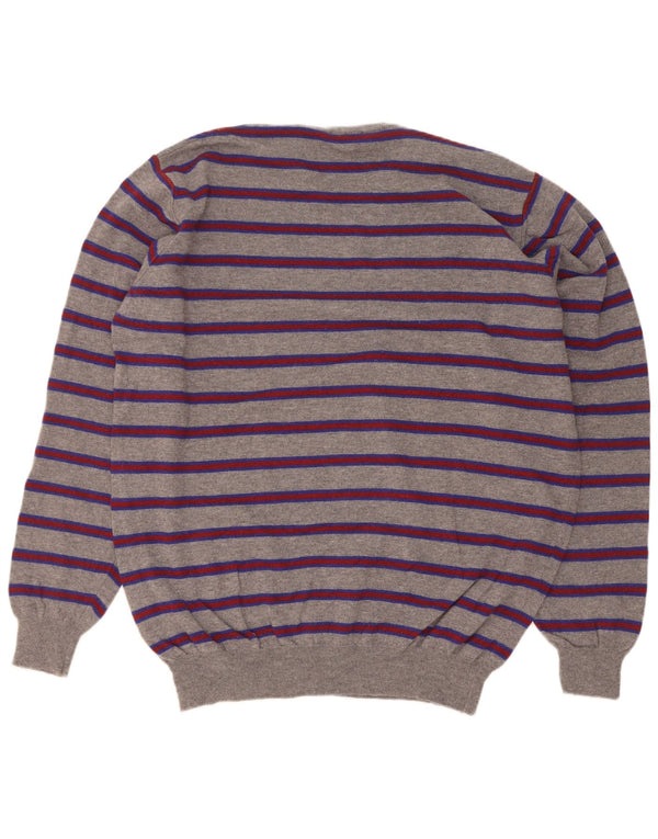 Ferrante Mens Crew Neck Jumper Sweater Size 60 3XL Grey Striped Merino Wool