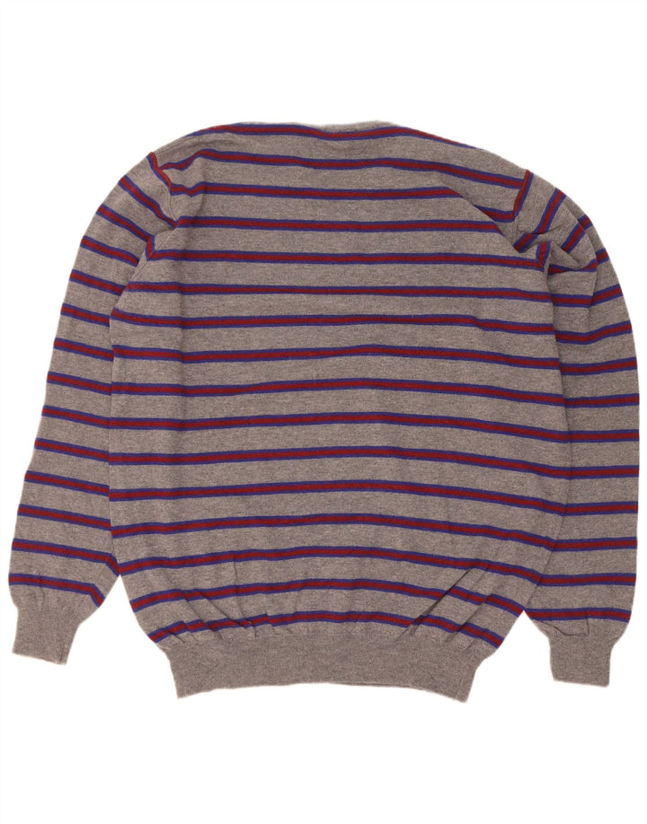 Ferrante Mens Crew Neck Jumper Sweater Size 60 3XL Grey Striped Merino Wool