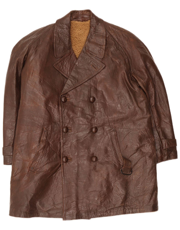 Vintage Mens Leather Double Breasted Coat UK 38 Medium Brown