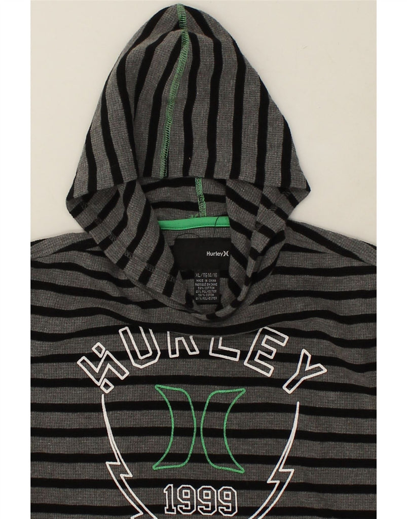 HURLEY Boys Graphic Hoodie Jumper 14-15 Years XL Grey Striped Cotton | Vintage Hurley | Thrift | Second-Hand Hurley | Used Clothing | Messina Hembry 