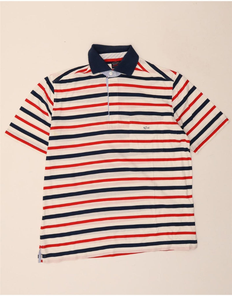 PAUL & SHARK Mens Yachting Polo Shirt Large White Striped Cotton Vintage Paul & Shark and Second-Hand Paul & Shark from Messina Hembry 