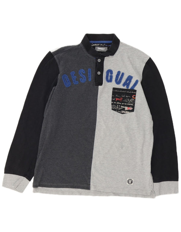Desigual Mens Graphic Long Sleeve Rugby Polo Shirt Large Grey Colourblock