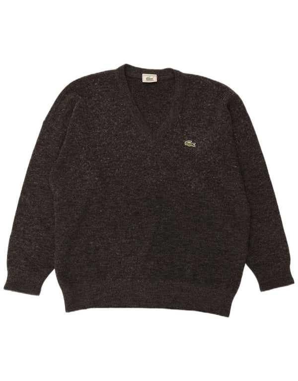 LACOSTE Mens V-Neck Jumper Sweater Size 6 XL Grey Wool