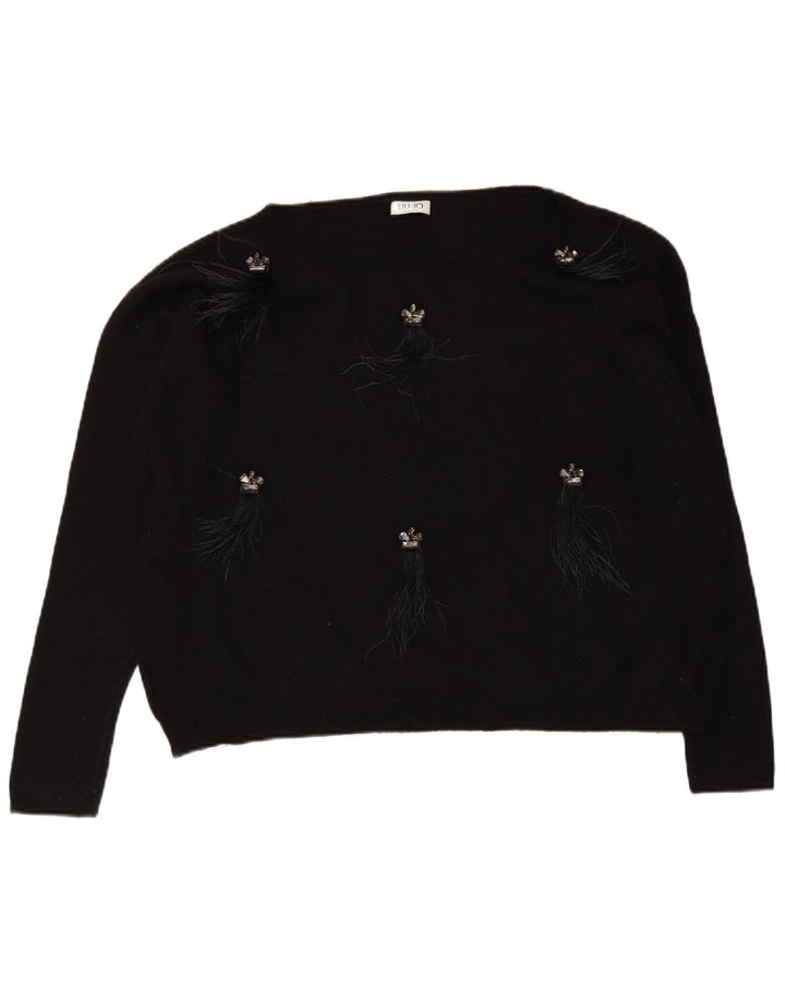 Liu Jo Womens Crop Oversized Boat Neck Jumper Sweater UK 14 Medium Black