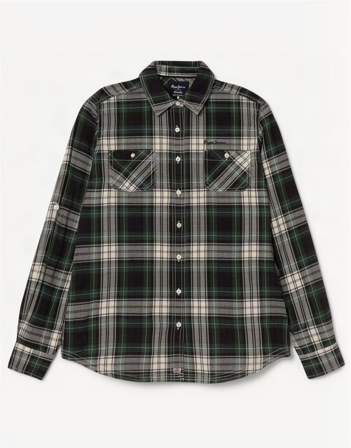 PEPE Jeans Womens Flannel Shirt UK 14 Medium Green Check Cotton