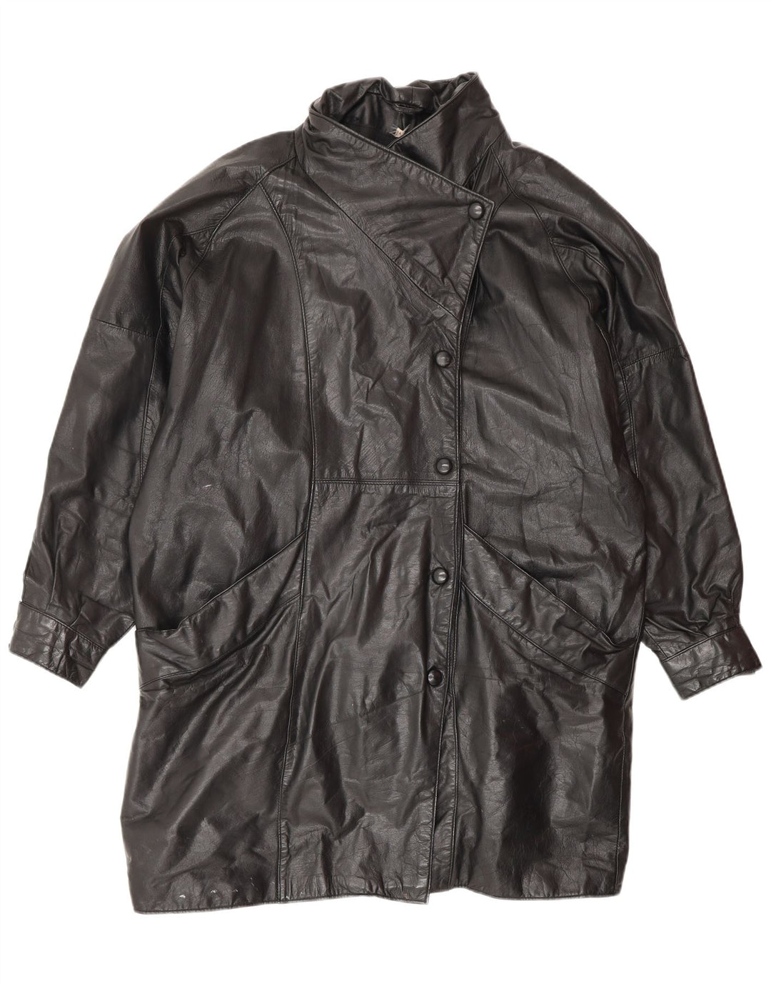 VINTAGE Womens Oversized Leather Coat UK 14 Medium  Black Leather