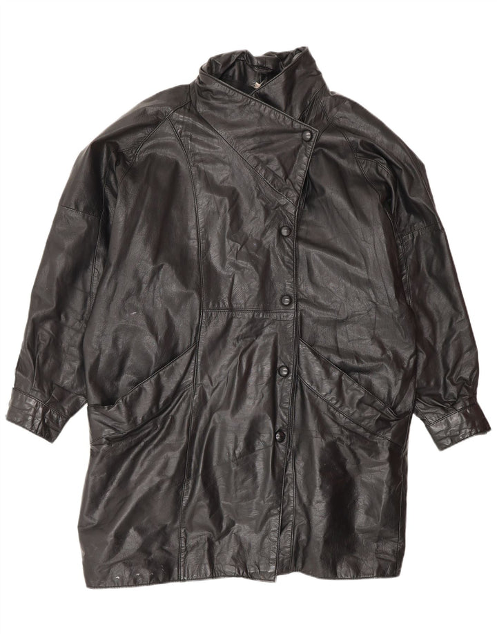 VINTAGE Womens Oversized Leather Coat UK 14 Medium  Black Leather