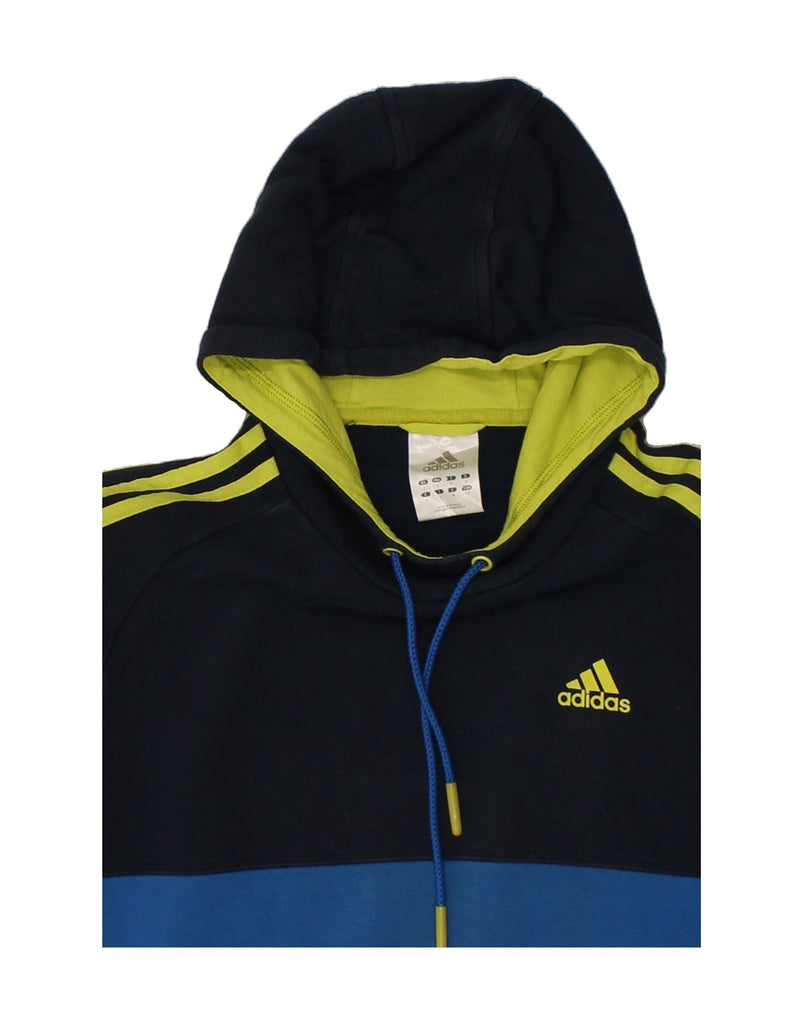 ADIDAS Mens Graphic Hoodie Jumper Small Navy Blue Colourblock Cotton | Vintage Adidas | Thrift | Second-Hand Adidas | Used Clothing | Messina Hembry 