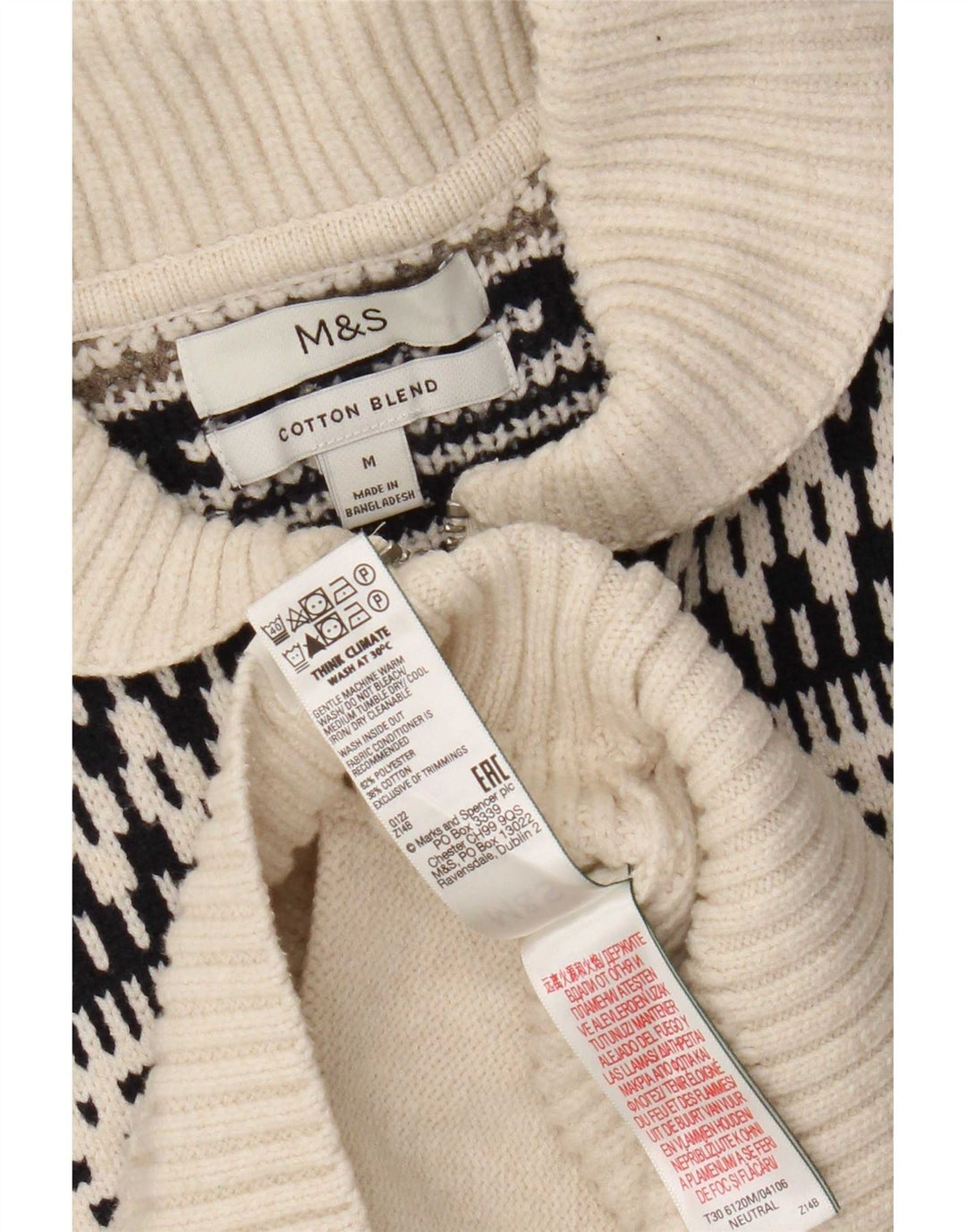 Marks & Spencer Mens Full Zip Cardigan Sweater Medium Off White Fair Isle