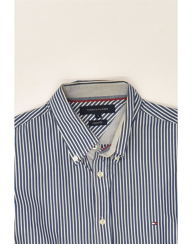 TOMMY HILFIGER Mens Custom Fit Shirt Large Navy Blue Striped Cotton | Vintage Tommy Hilfiger | Thrift | Second-Hand Tommy Hilfiger | Used Clothing | Messina Hembry 