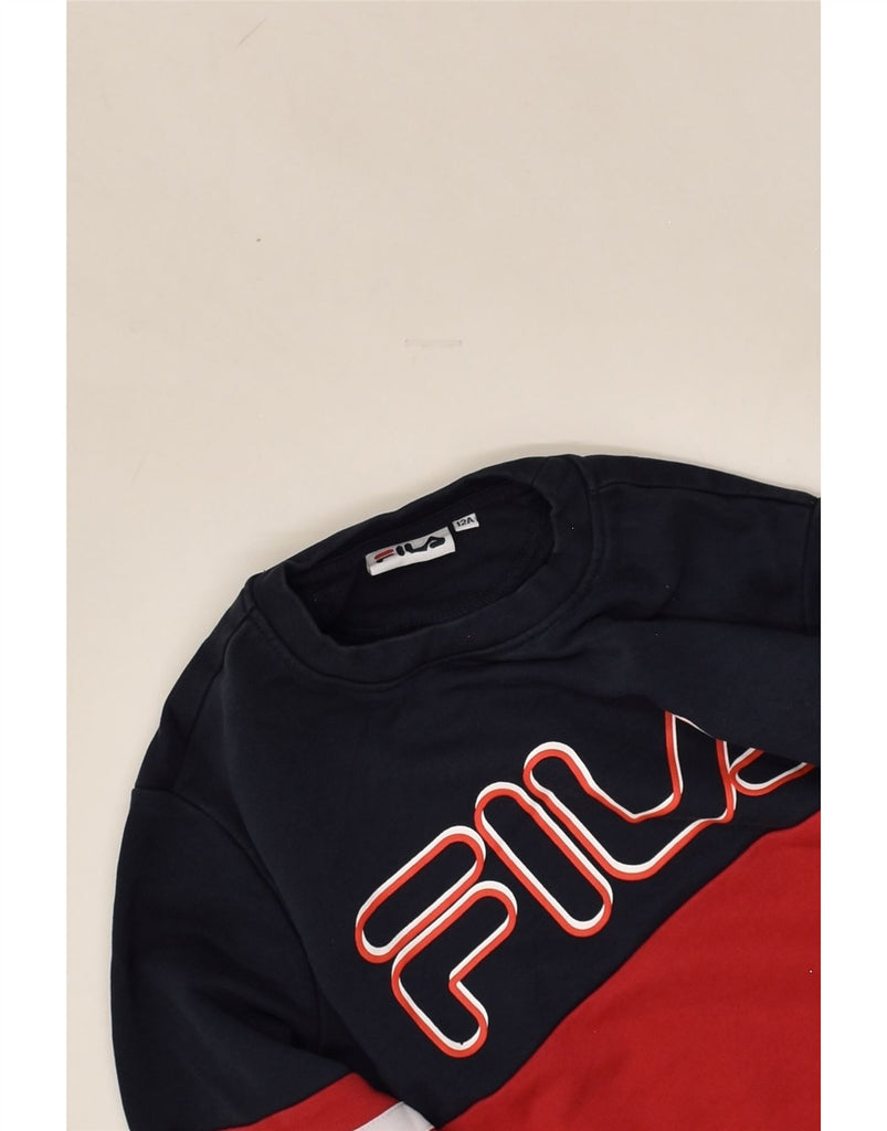 FILA Boys Graphic Sweatshirt Jumper 11-12 Years Navy Blue Colourblock | Vintage Fila | Thrift | Second-Hand Fila | Used Clothing | Messina Hembry 